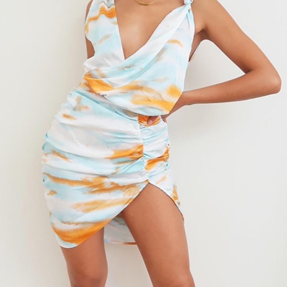 Multi Tie Dye Satin Plunge Wrap Ruched Bodycon
Dress